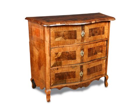 An 18th century Maltese walnut serpentine front commode, parquetry inlaid decoration, with gilt brass escutcheon and on short