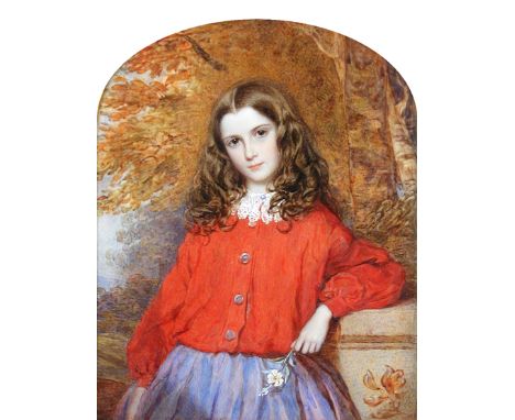 English School  (19th Century) Portrait of a young girl in a red jacket, resting her elbow on a stone ledge watercolour on iv