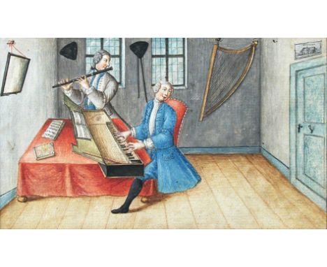 German School (circa 1740) Two musicians playing the flute and clavichord, circa 1740 watercolour 9 x 15½cm (4 x 6in) Provena