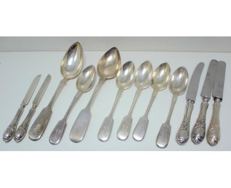 A Russian silver fiddle pattern tablespoon, Vilnius 1896, assay master K.3, maker Iu. Radinovich, 22.5cm; another similar spo