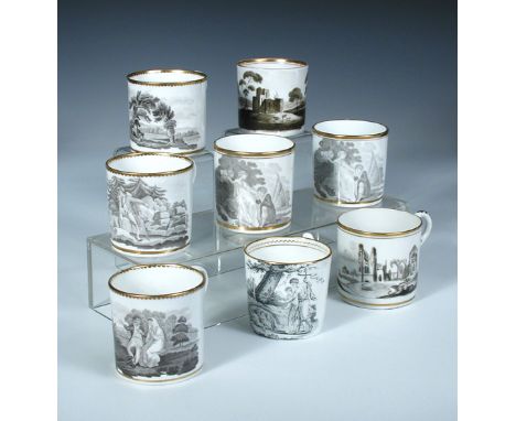 Six Regency Spode grisaille coffee cans and two others, three of the Spode cans printed with figures seated in the countrysid