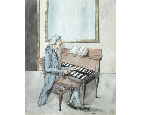 French School (18th Century) Portait of Wolfgang Amadeus Mozart playing a double-manual harpsichord inscribed lower centre "M
