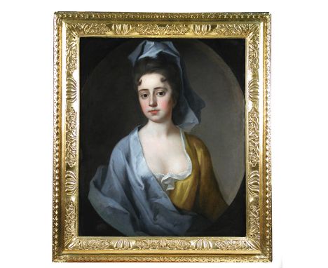 Attributed to Michael Dahl (Swedish, 1659-1743) Portrait of a lady, head and shoulders, in an ochre dress and blue cloak oil 