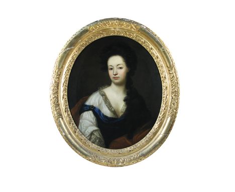 English School  (circa 1700) Portrait of a lady, head and shoulders, in a white lace dress and blue cloak oil on canvas 74 x 