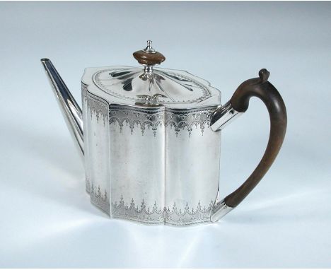 A George III silver teapot, by Robert Sharp, London 1793, of serpentine shape, the borders bright cut engraved below a flush 