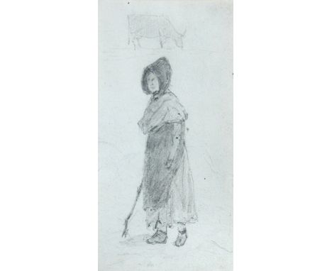 Circle of John Constable (British, 1776-1837) Study of a rustic woman, a cow grazing beyond pencil 9½ x 5cm (4 x 2in) Provena