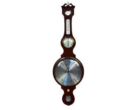 W Horrod, London, a George IV and later mahogany wheel barometer, with hygrometer above thermometer, timepiece, 12inch engrav