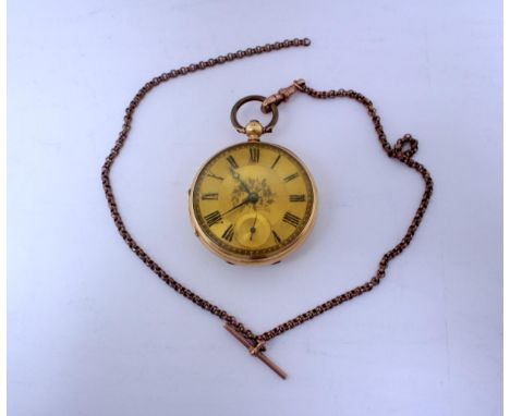 A Victorian 18ct gold cased open face pocket watch, the engine turned gold coloured dial, 46mm with black Roman numerals and 