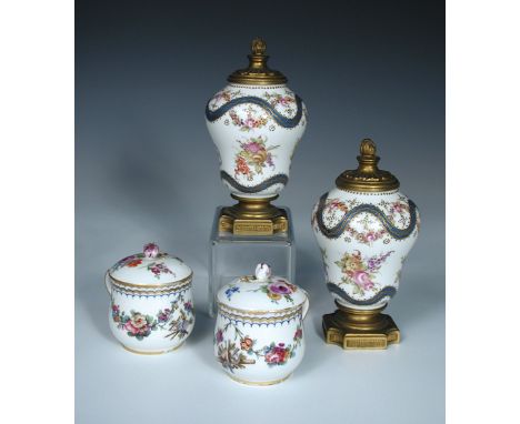 Two Sevres custard cups and covers, one with date letter for 1776, painted with floral swags and gardening trophies opposite 