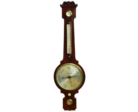 Dollond London, a mahogany wheel barometer, 19th century, with four silvered dials below a serpentine cresting, the thermomet