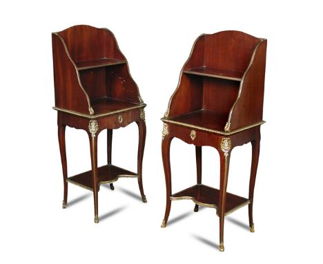 A pair of French mahogany and gilt mounted side tables, stamped Bertram & Sons, Dean Street, Oxford Street, West, with raised