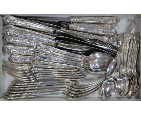 A mixed Queen's and King's pattern part flatware service, comprising:- six Queen's pattern table forks by George Adams, Londo