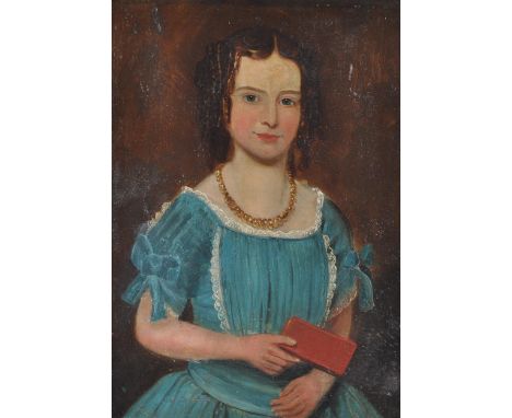 A large 18th century oil on canvas portrait study painting of a young girl age 5 years and 9 months seated with blue dress ho