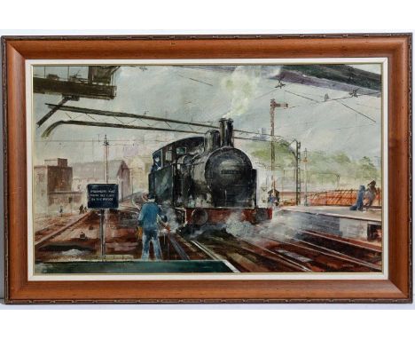 Thomas "Tom" Dack(b.1933)"The Engine"; railway study with a steam locomotive at a platform,signed,acrylic on board,54 x 90cms