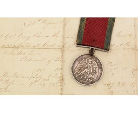 Waterloo Medal awarded to George Gray, 1st Battalion 79th Regiment of Foot (Cameron Highlanders), with a period manuscript in