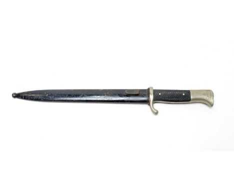 A Second World War German dress bayonet, by A. Evertz, the 25cms single edged blade on checker cut plastic mounted hilt, fitt