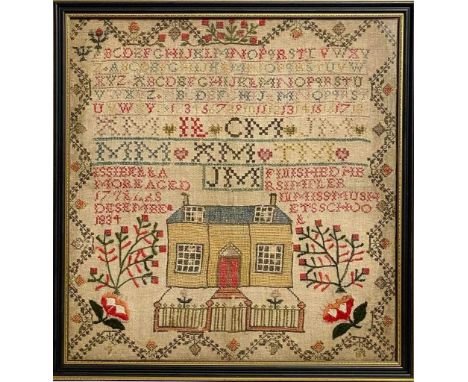 A Georgian Scottish school house sampler worked by Issibella More aged 17 years 1834, having alphabetic bands, family initial