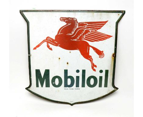 Mobiloil enamel advertising sign, shield shaped and single sided, 37 x 38cms.
