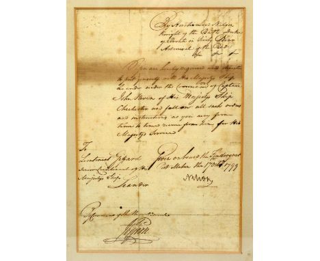 Nelson (Horatio): a signed manuscript order given to Lieutenant Giffard to take charge of HMS Leander, dated 17th October 179