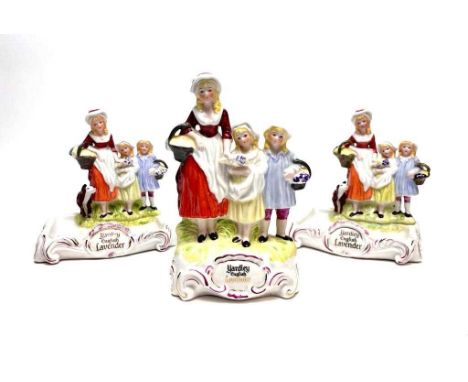 1920s Yardley 'English Lavender' advertising group and soap dishes, ceramic, with painted and gilt decoration, tallest 20cms 