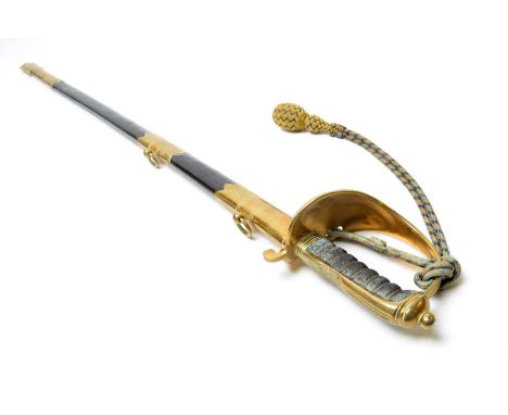 A Royal Navy Warrant Officer's Sword, the 80cms single edged etched blade decorated with scrolls and anchor, marked 'London M