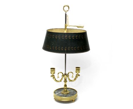 A 20th Century French Bouillotte lamp, the brass sconces on scrolling supports, fitted adjustable shade, on marble base, 56cm