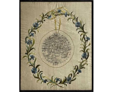 A Georgian needlework map sampler depicting the globe, the latter worked in needlepoint and black silk threads, suspended lik