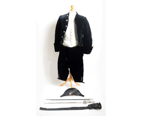 An early 20th Century High Sherrif uniform, comprising jacket, waistcoat, plus-fours, bicorn hat, dress sword with scabbard, 