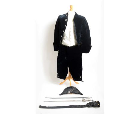 An early 20th Century High Sherrif uniform, comprising jacket, waistcoat, plus-fours, bicorn hat, dress sword with scabbard, 