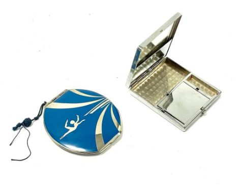 A 1920s Art Deco Beautibox loose powder compact, with chrome-plated and blue enamelled decoration, in the original leatherett