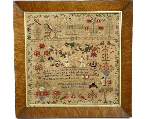 A 19th Century needlework sampler worked by 'Charlotte Freeman aged 9 in 1850', having biblical, architectural, and botanical