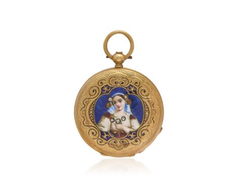 HUNTER CASE IN GOLD AND ENAMEL, CIRCA 1860 - HUNTER CASE IN GOLD AND ENAMEL, CIRCA 1860 Case n. 6164, four-body in gold, deco