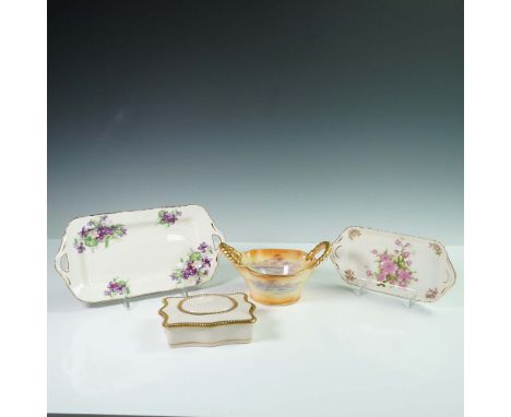 This 4-piece fine bone china grouping includes two H&amp;M Sutherland bone china trays, a Rochelle fine china lidded box, and