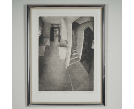 Original etching on paper titled Descending by British artist Merle Perlmutter, pencil signed and numbered 12/75 in the lower