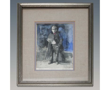 Etching titled Josh, featuring a figure with cane rendered in an expressive and moody style using blue, black, and gray tones