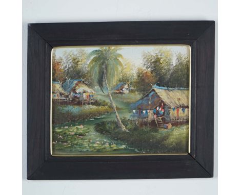Charming oil on board painting depicting a traditional riverside village scene in Thailand. The composition features thatched