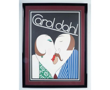 Bold and playful limited edition serigraph by Carol Dahl titled Lovers, depicting an abstracted couple locked in a stylized k