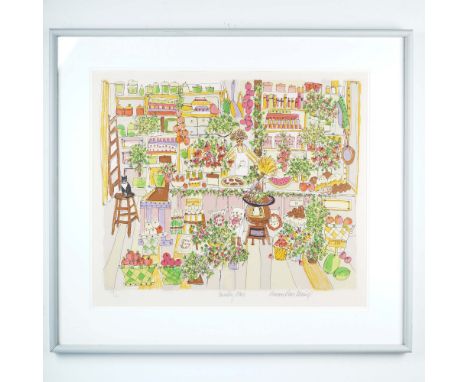 Charming limited-edition lithograph titled Country Store by American artist Susan Pear Meisel, known for her whimsical and vi