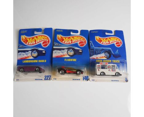 Collection of ten Mattel Hot Wheels die cast metal toy cars, all in original packaging. Models included are: Good Humor Truck