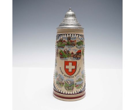 Vintage ceramic beer stein by Original King, Germany, featuring a  map of Switzerland surrounded by iconic locations includin