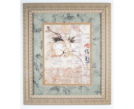 Framed mixed media print titled Japanese Cranes I by Naomi McCavitt, featuring a stylized white crane in mid-flight against a