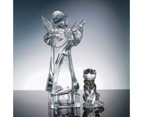 A pair of fine crystal figurines, including a seated cat with molded bow and original Lenox foil label, and a standing angel 