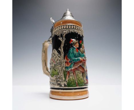 Vintage German beer stein by Zoller &amp; Born featuring a richly colored raised-relief scene of traditional Bavarian folk li