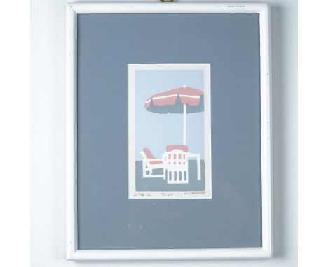 Charming silkscreen on   paper by Marsha C. Vandivort titled FL-23, depicting a minimalist Floridian seaside scene with a str