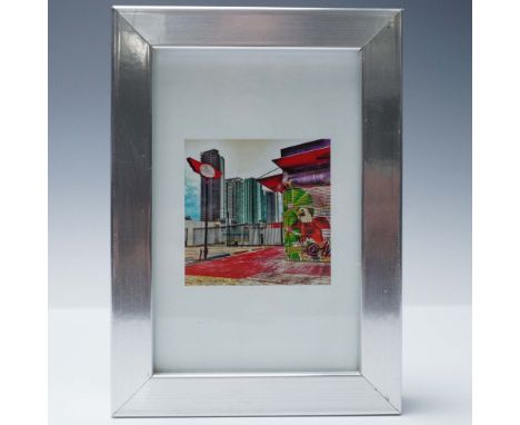 Colorful urban art print featuring an image of a Miami cityscape with vivid graffiti elements and high-rise buildings, presen
