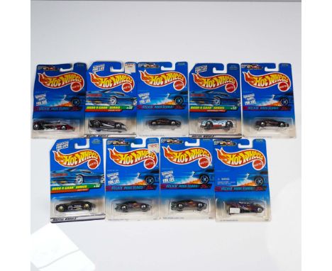 Collection of nine Mattel Hot Wheels die-cast metal toy cars, all in original packaging. The lot includes three models from t