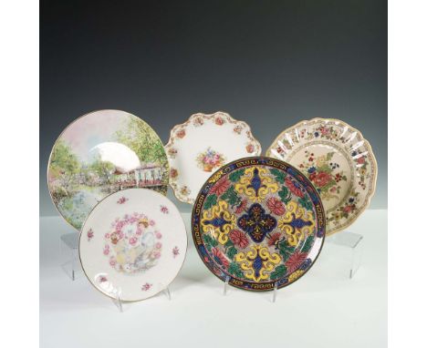 Grouping of five decorative porcelain plates featuring a variety of styles and makers. Includes a Royal Doulton plate titled 