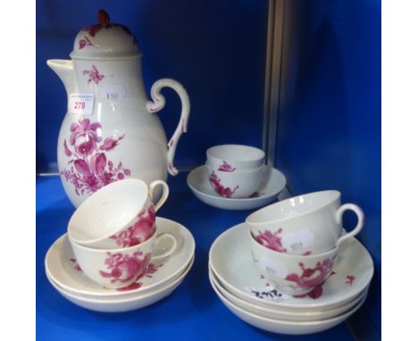 A CONTINENTAL COFFEE POT, hand painted with purple flowers and similar cups and saucers