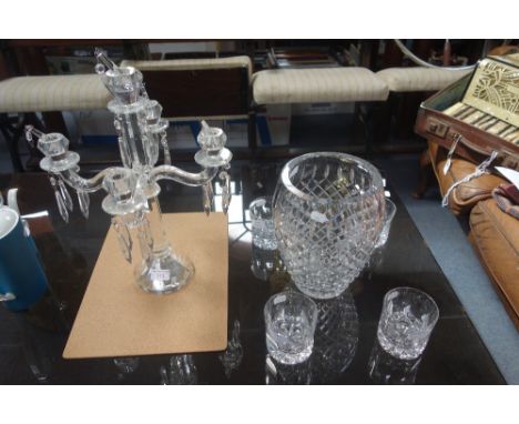 A VILLEROY &amp; BOCH FIVE LIGHT FACETED GLASS CANDELABRA, a heavy cut glass vase and four whisky tumblers