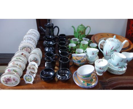A POOLE POTTERY RACHEL BARKER TERRACOTTA CHARGER, another smaller, a collection of Knights Tintagel coffeeware, Japanese teaw
